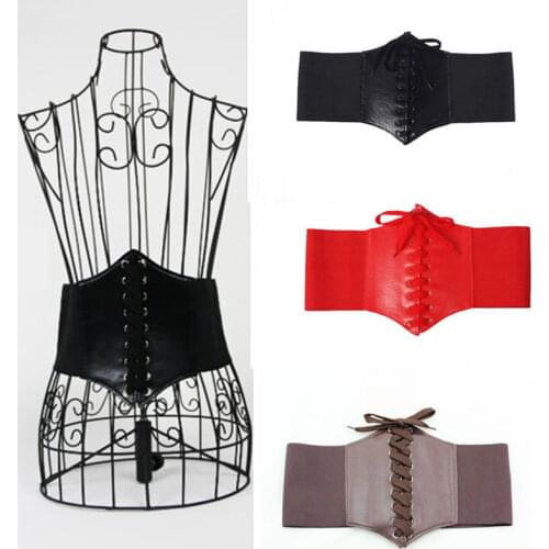 Hot Women Ultra Plus Wide Belt Faux Leather Elastic Corset Belt Front Tie Up Waist Belt All Match Dress Girl Clothes Decoration