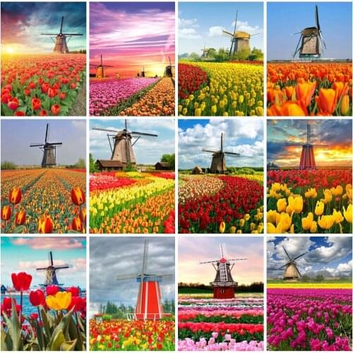 EverShine Dimaond Painting Tulip Cross Stitch Diamond Embroidery Scenery Picture Rhinestones Mosaic Art Windmill Handmade Hobby