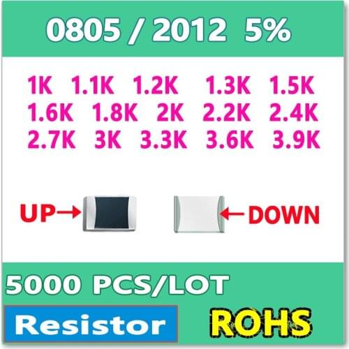 JASNPROSMA 0805 J 5% 5000pcs 1K 1.1K 1.2K 1.3K 1.5K 1.6K 1.8K 2K 2.2K 2.4K 2.7K 3K 3.3K 3.6K 3.9K smd 2012 OHM Resistor