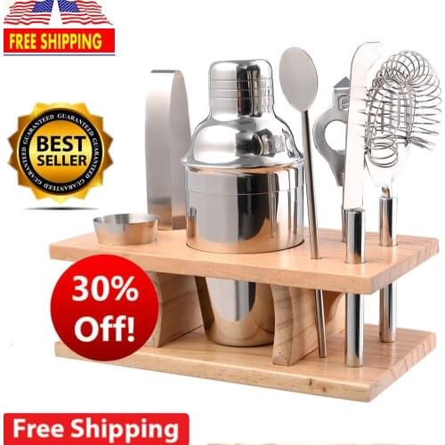 5pcs 350ML Stainless Steel Cocktail Shaker Mixer Drink Bartender Browser Kit Bars Set Tools With Wine Rack Stand Family Bar Tool