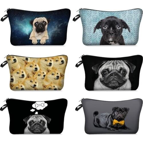 3D Pug Dog Printed Cosmetic Bags Dogs Pattern Cute for Makeup Bag Organizer Necessaries Women Travelling Woman Mini Handbag