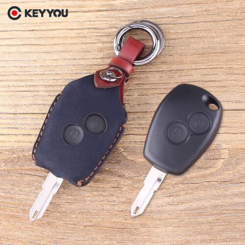KEYYOU Leather Car Key Shell Remote Key Fob 2 Button For Renault 206 Kangoo Clio Logan Sandero Car Key Case