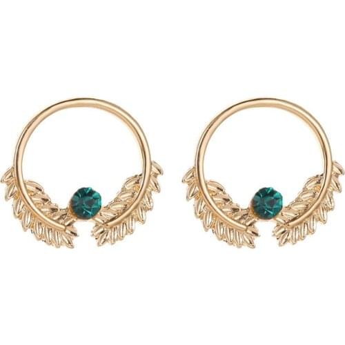 Creative Geometric Tree Leaf Metal Earrings Exquisite Green Rhinestone Stud Earrings Accessories Charming Womens Jewelry