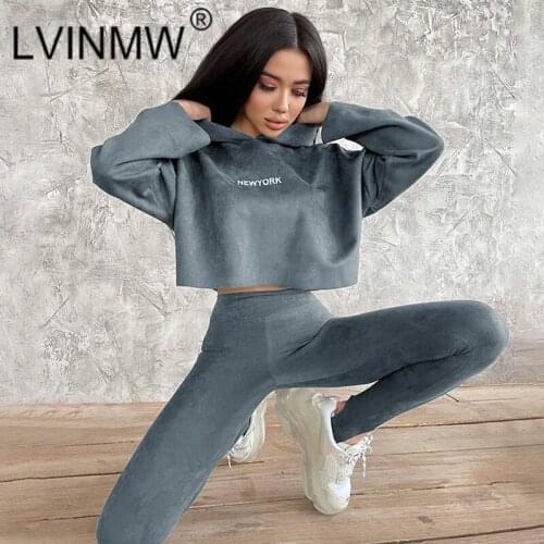 LVINMW Pants Suits Solid Casual Slim Autumn Sports Sets Women Hooded Long Sleeve Letter Print Top Elastic Waist Stepping Pant