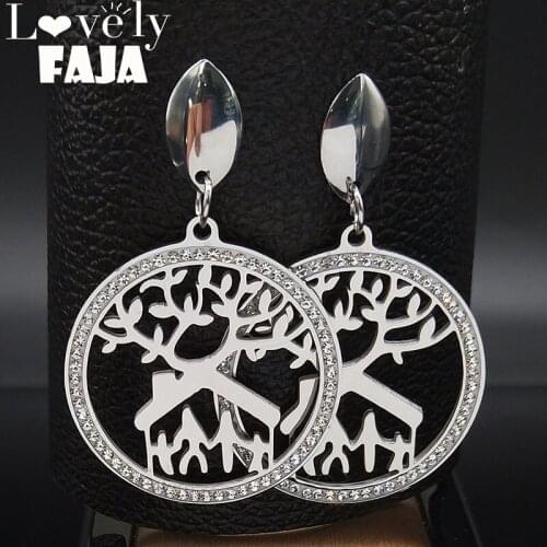 Fashion Famliy Tree Of Life Crystal Stainless Steel Earring Women Silver Color Stud Earrings Jewelry aretes de mujer E61275S03