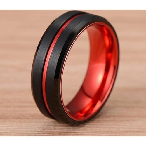 Mens Fashion Black Stainless Steel Rings Exquisite Red Groove Engagement Wedding Band Mens Jewelry Gift For Father Boyfriend