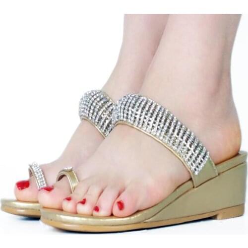 Drop Shipping New Summer Hot Girls Sliver Crystal Diamond Bling Bling Clip Toe Slip On Wedge Low Heels Sandals Slip On Shoes