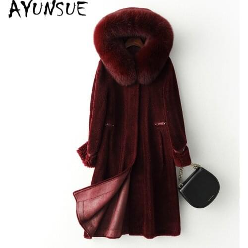 AYUNSUE Natural Fox Fur Hooded 100% Sheep Shearing Coat Female Winter Clothing 2020 Korean Real Fur Jacket Women Hiver YR3980