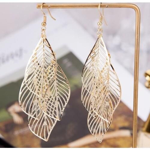 New Ladies Fashion High-end Multi-layer Gold Plated Foil Tassel Earrings Hollow Leaf Long Dangle Earrings Women Wedding Jewelry
