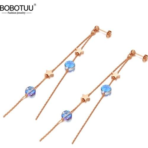 BOBOTUU New Titanium Stainless Steel Star Tassel Chain Earrings For Women Girl Bohemia CZ Crystal Party Dangle Earrings BE20075
