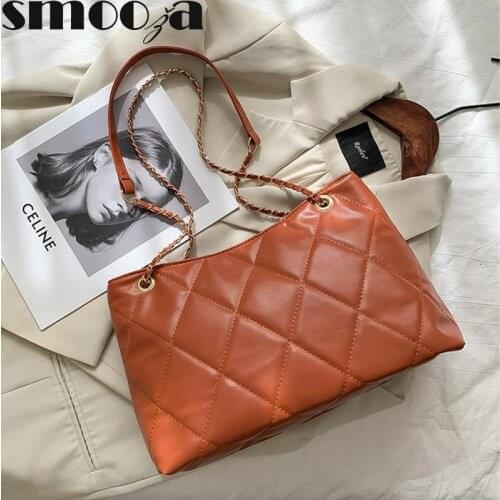 SMOOZA Women Single Shoulder Handbags 2021 New Trendy Fashion Retro Diamond Chain Crossbody Bag Large Capacity Solid Color Bags