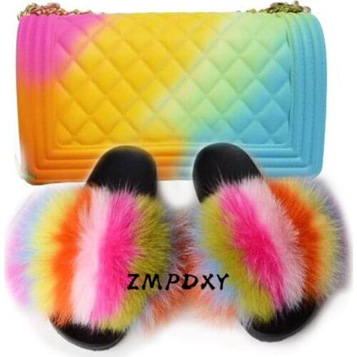 Womens Fox Fur Slippers Matte Colorful Jelly Shoulder Bags Shoes Sets Ladies Furry Slides Candy Crossbody Purse Fur Flip Flops