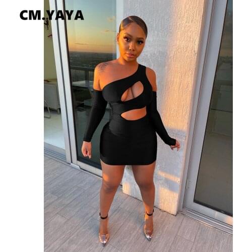 CM.YAYA Women Mini Dress Solid Full Sleevel Skew Collar Hollow Out Skinny Pencil Dresses Sexy Night Clubwear Fashion Outfit Fall