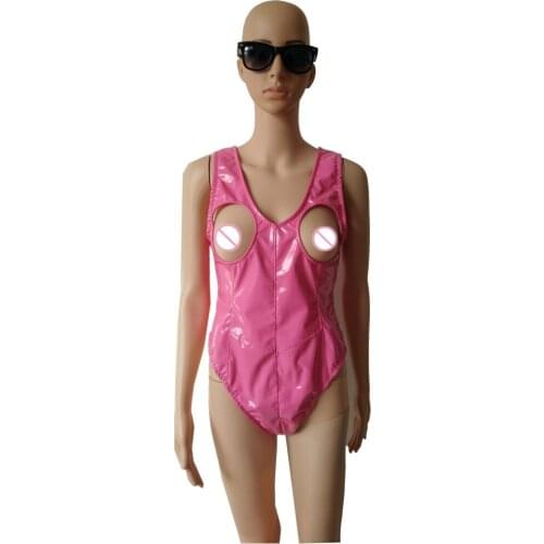 Womens Lingerie Sexy Costumes Open Bust Sissy Catsuit Wetlook PVC Faux Leather jumpsuits with Invisible crotch zipper
