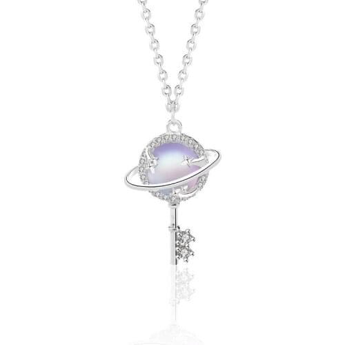 Necklace 925 Sterling Silver Aurora Planet Necklace Woman Simple Personality Key Moonstone Pendant