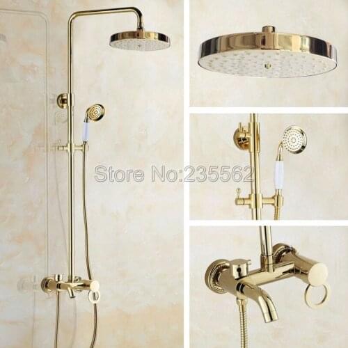 Golden Brass Bathroom Single Handle Rain Shower Faucet Set Wall Mount Mixer Taps lgf415