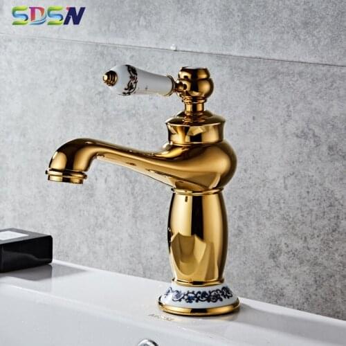 Gold Basin Faucet SDSN Luxury Ceramic Bathroom Basin Faucet Deck Mounted Bathtub Faucet Copper Brass Basin Sink Mixer Faucet