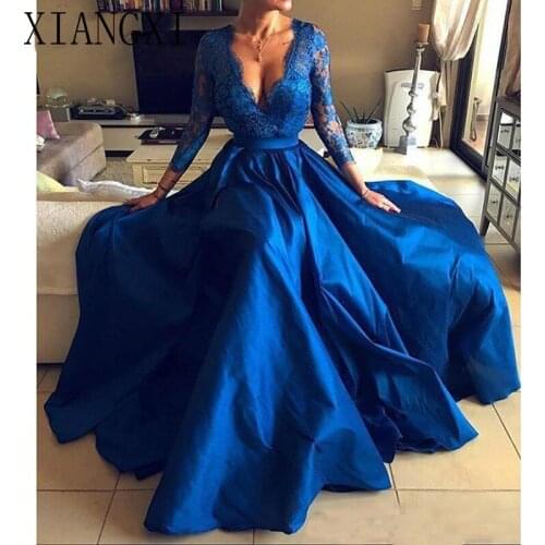 2020 Royal Blue Plus Size Prom Dresses Sexy V Neck Lace Appliques Long Sleeve Front Split Formal Evening Dresses Party Gowns