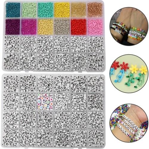 2400Pcs Beads Kit 3mm Glass Seed Beads Alphabet Letter Beads Loose Spacer Beads for DIY Name Bracelet Jewelry Making Accessories