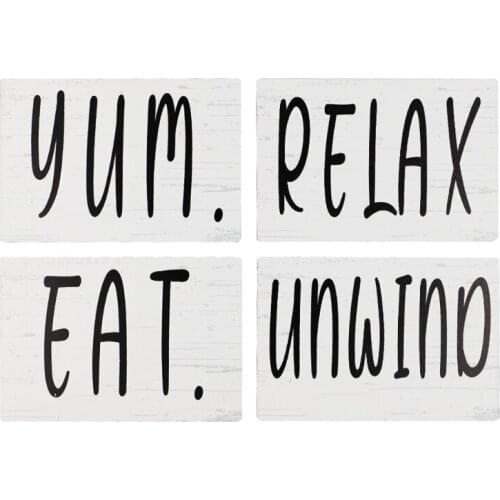 4pcs Wooden Tiered Tray Signs Relax Unwind Yum Eat Art Words Print Wood Blocks N58C
