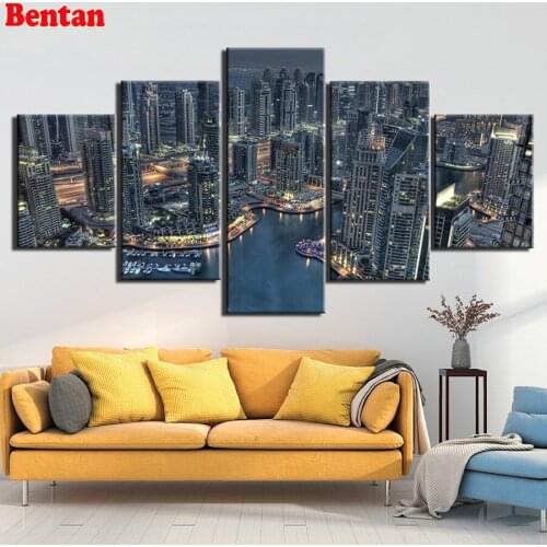 5 Panel 5d diy diamond painting Night view of modern city full drill diamond embroidery rhinestone mosaic hobbies and crafts