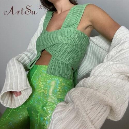ArtSu Green Purple Knitted Crop Tops Fashion 2021 New DIY Multiway Bandage Top Women Sexy Summer Tank Top Party Outfits