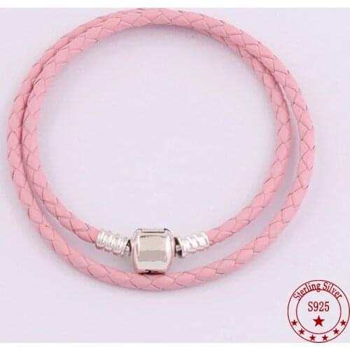 S925 Sterling Silver Pink Leather Cord Open Buckle Snake Bone Shaped Bracelet for Women Pandora Jewelry Gift