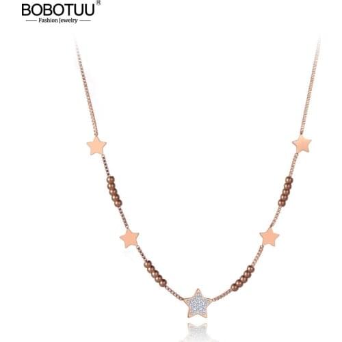 BOBOTUU Bohemia Stainless Steel 5Pcs Stars CZ Crystal Pendant Necklace For Women Girl Fashion Rhinestone Choker Necklace BN19177