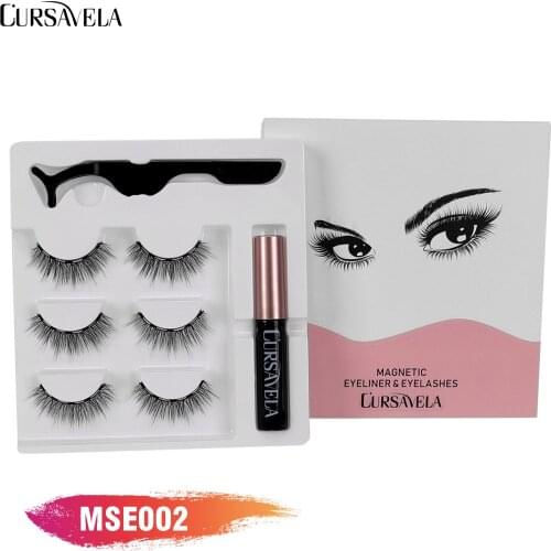 Cursavela Magnetic Lashes Eyeliner with Eyelashes Tweezers 3 Pairs Makeup Set Convenient Easy No Glue Reusable Magnetic Eyelash