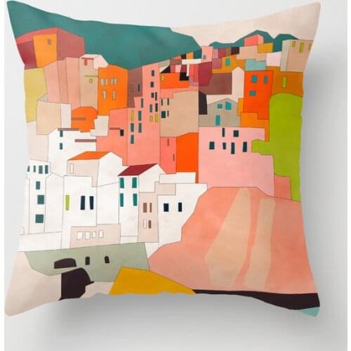 Italy Coast Houses Minimal Abstract Painting Decor Pillow Cushion Covers Square Pillowcase for Sofa Cotton Linen Pillow Cover