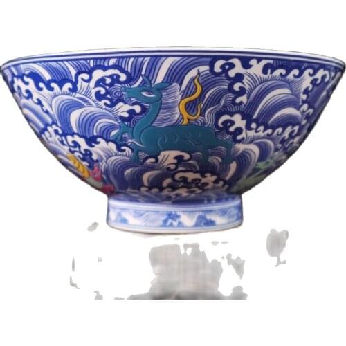 Chinese Old Porcelain Blue and White Bowl With Colorful Auspicious Animal Pattern Big Bowl