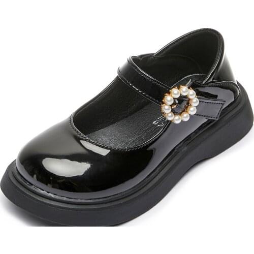 Girls Princess Leather Shoes New Metal Pearl Petal Buckle Flats For Children Wedding Children School Black Brogue Shoes 5-12y
