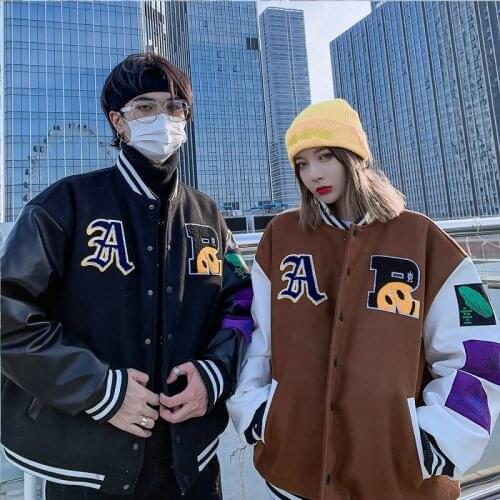 Mens Hip Hop Baseball Jackets Autumn Winter A Smiley Embroidery Patchwork College Unisex Loose Streetwear Warm Jacket Coat XL