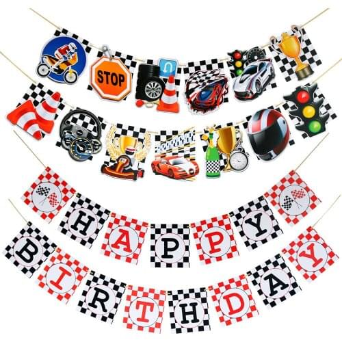 Lets Go Racing Decorations Motorcycle Racecar Happy Birthday Banner Garland for Kids Boys Birthday Party Supplies