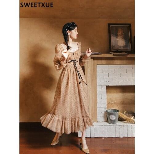 SWEETXUE Sweet Retro Polka Dot Vintage Princess Dress High Waist Lace Puff Sleeve Ruffle Dress Chic Fairy Mesh Female Vestidos