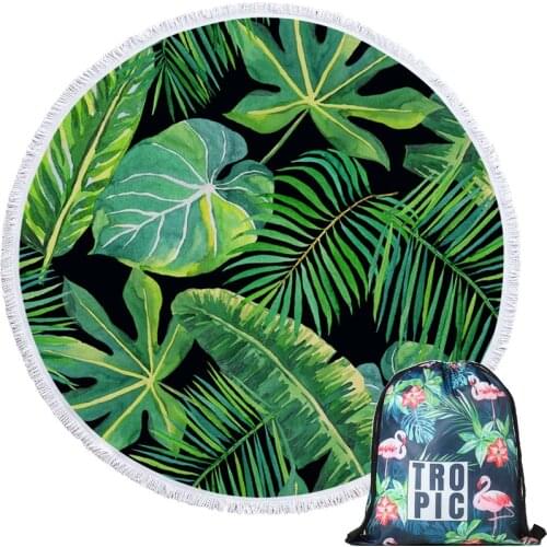 Green Plant Soft Round Beach Towel Wall Tapestry Sport Bath Towel Seaside for Adults Kids with Drawstring Backpack Bag Blanket