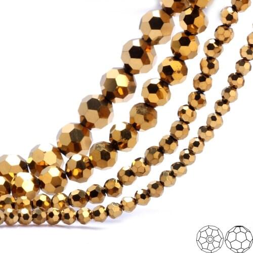 OlingArt 3/4/6/8mm Round Glass Beads Rondelle Austria 32 faceted crystal Gold color Loose bead DIY Jewelry Making