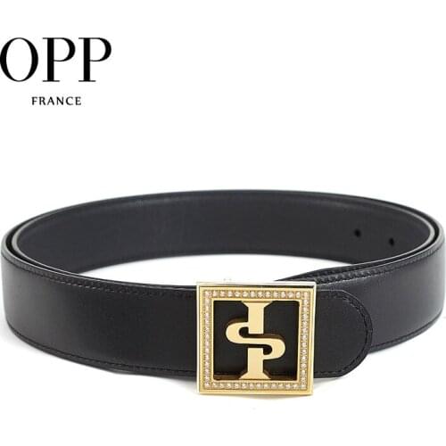 OPP Mens Belts Fashion Rhinestone Business Casual Belts Leather Metal Needle Gold Buckle Mens Black Belt