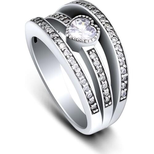 Genuine 925 Sterling-Silver-Jewelry Heart Fascination Rings with Clear CZ Free Shipping