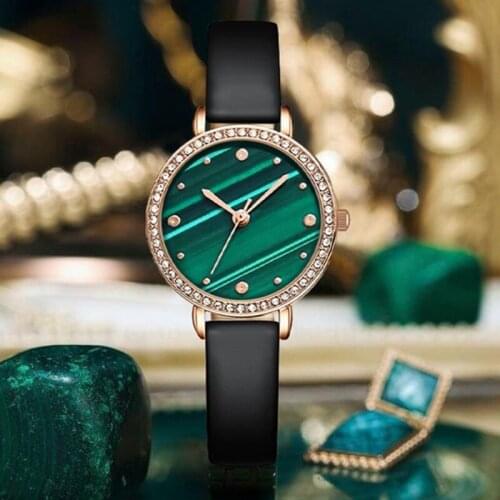 Luxury Rhinestone Women Green Watches Ladies Leather Strap Quartz Wrist Watches for Gift Clock Reloj Mujer Relogio Feminino