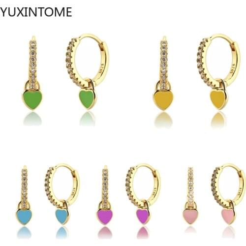 925 Sterling Silver Ear Buckle Crystal Hoop Earrings Cute Heart Hanging Earrings Candy Neon Color Enamel Heart Charm Earrings
