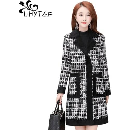 UHYTGF Woolen women coat winter warm jacket women 3XL Plus size Korean lattice outerwear fashion Woolen Women winter jacket X729