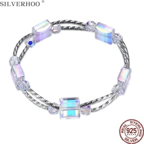 SILVERHOO Bangle Bracelets For Women 925 Sterling Silver Geometric Square Austria Crystal Charms For Bracelets Fine Jewelry