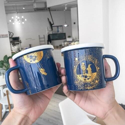 Light Luxury Embossed Mug Male and Female Student Cup Creative Western Restaurant Coffee Cup Dark Blue Starry Gold Ceramic Cup