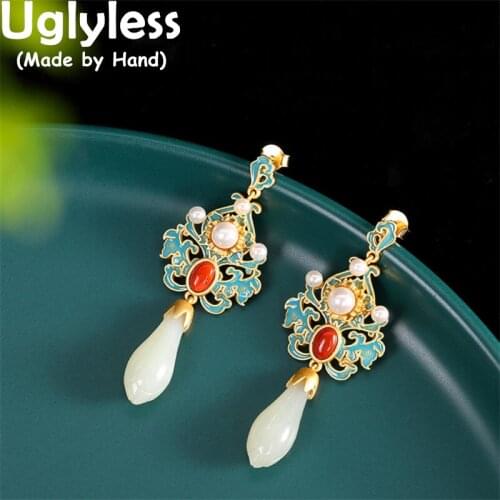 Uglyless Palace Designer Exotic Enamel Ethnic Flower Earrings Women Natural Jade Magnolia Drop Earrings 925 Silver Studs Brincos