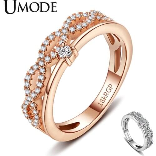 UMODE New Paved CZ Crystal Braided Rings for Women New Clear Round Zircon Rose&White Gold Eight Cross Rings Jewelry AUR0462