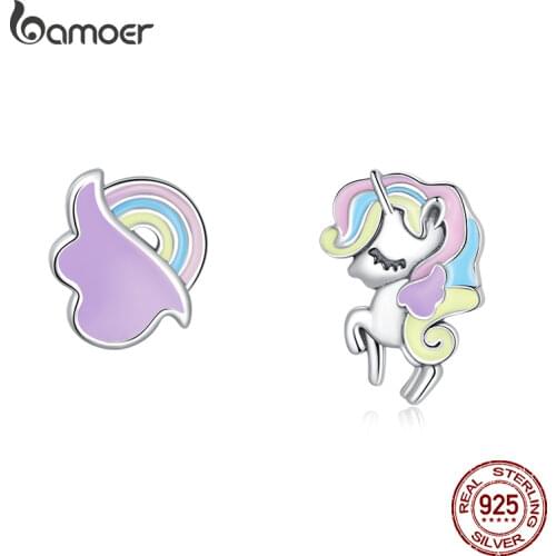 BAMOER Fantasy Unicorn 925 Sterling Silver Stud Earrings Simple & Colored Earrings For Women Fashion Jewelry Birthday Party Gift