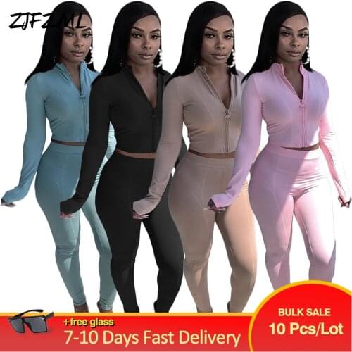 Bulk Items Wholesale Lots Women 2 Piece Tracksuit Casual Full Sleeve Bandage Crop Jacket+high Waist Skinny Trouser Sweatsuits