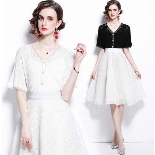 Women Summer Designer Elegant Two Piece Sets Female Ice Silk V Neck Beading Knitting Top + Fashion Hollow Out Mesh Skirt Sets