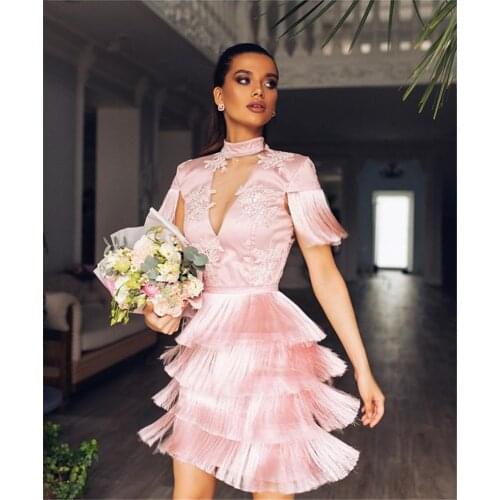 New Arrival Pink White Short Sleeve Lace Tassel Bodycon Mini Bandage Women Dress Celebrity Evening Party Dress